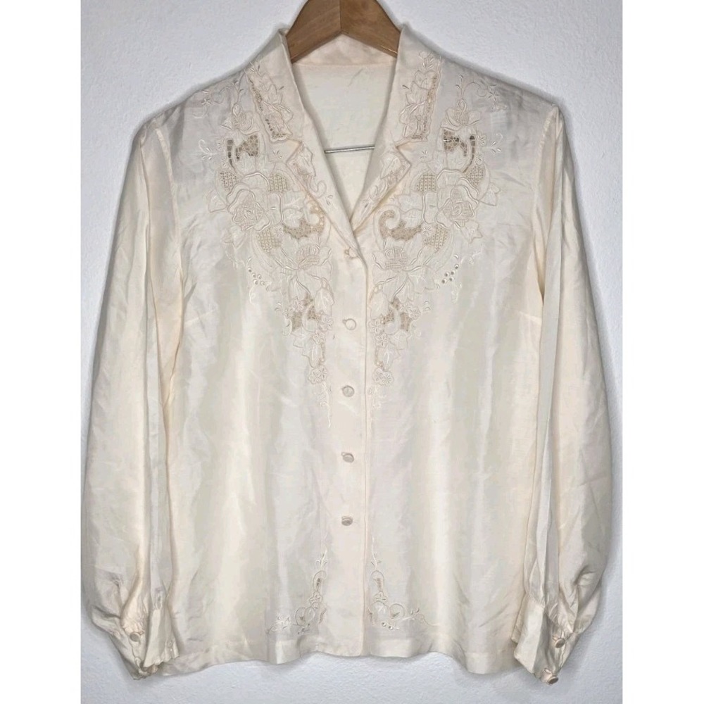 Vintage 70s Silk Hand Embroidered Cut Out Lace Blouse Boho Victorian Ivory